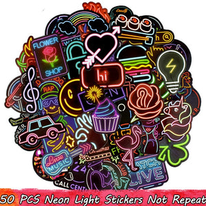 50PCS Neon Light Sticker for Luggage Laptop Decal Skateboard Stickers Child Colorful Billboard Toys Can not Glow in the dark